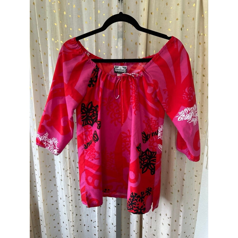 Manuhealii Women's Hawaiian 3/4 Sleeve Drawstring Neckline Patsy Top XS